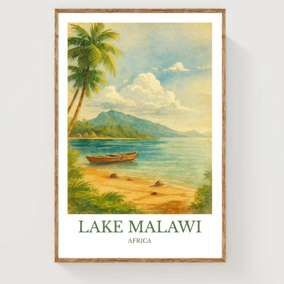 Lake Malawi Watercolor Design Poster Africa Print Wall Art