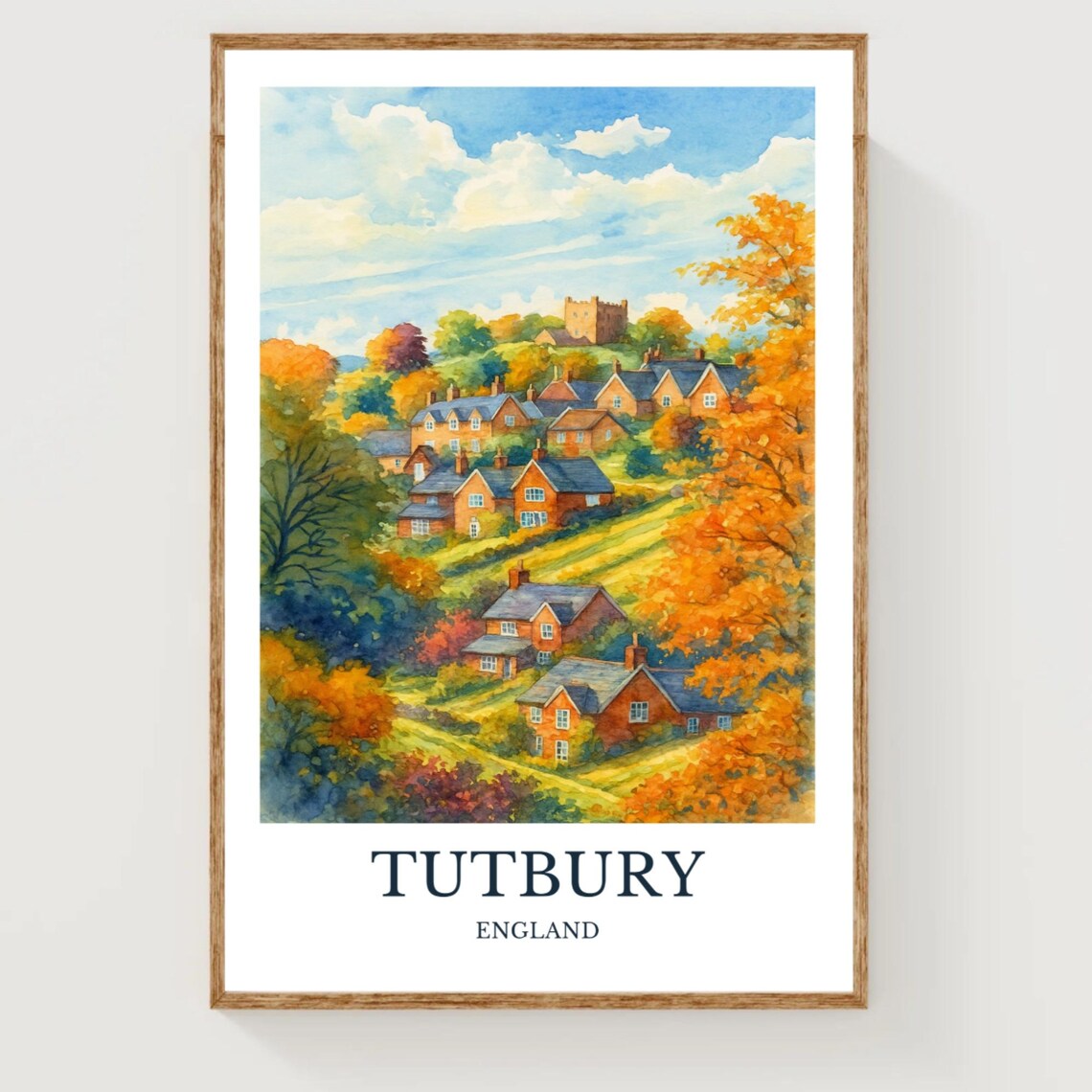 Tutbury England Autumn Village Scene Watercolor Travel Poster