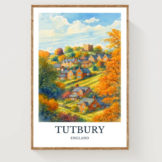 Tutbury England Autumn Village Scene Watercolor Travel Poster