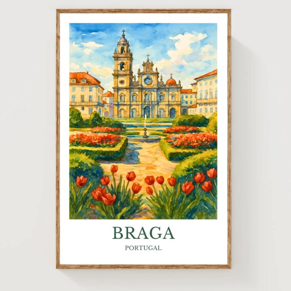 Braga Portugal Baroque Church Watercolor Tulip Garden Travel Poster