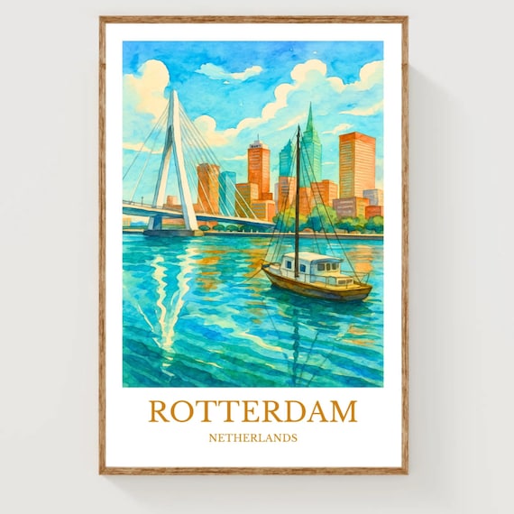 Rotterdam Netherlands Erasmus Bridge Harbor Watercolor Travel Poster