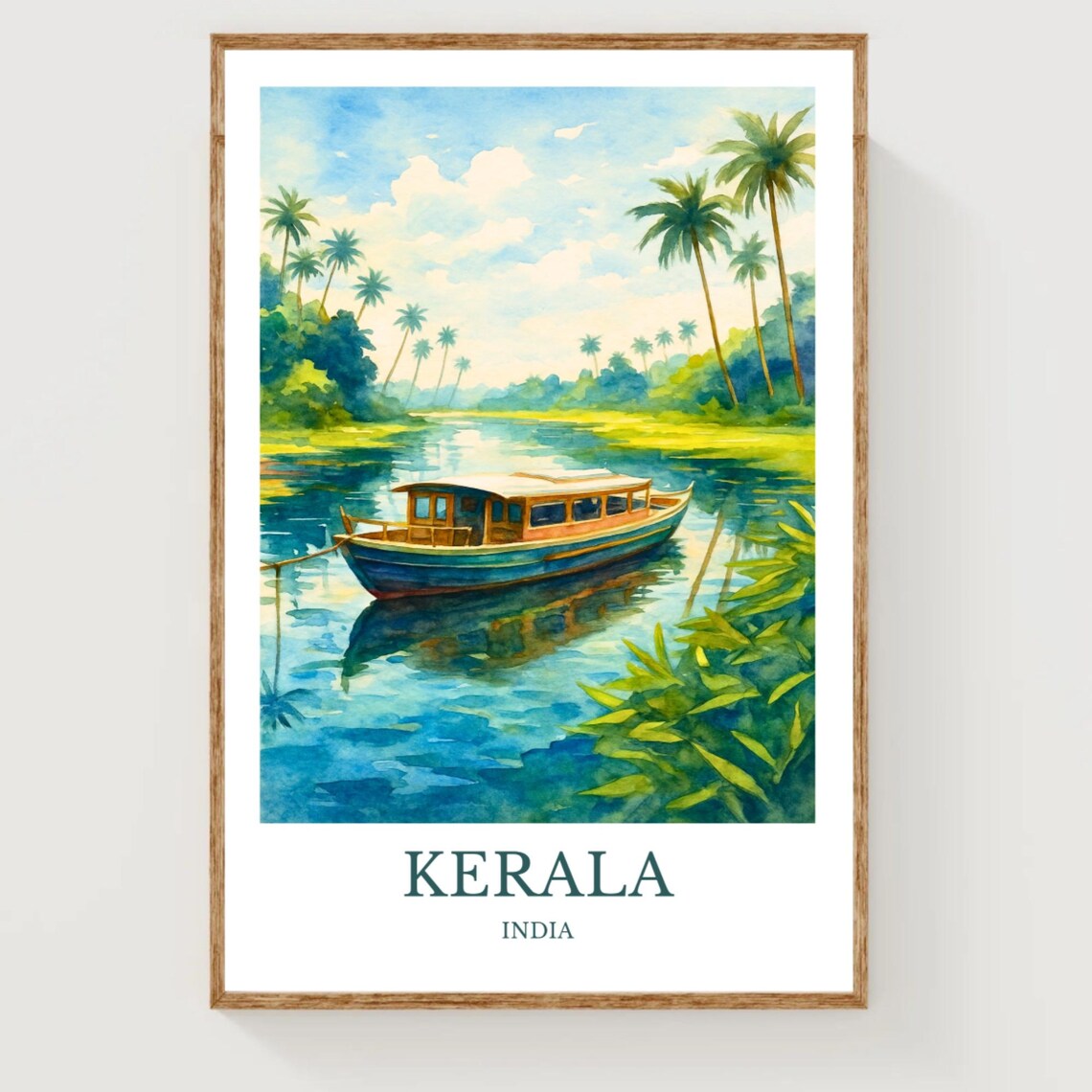 Kerala India Watercolor Houseboat Palm Backwater Travel Poster