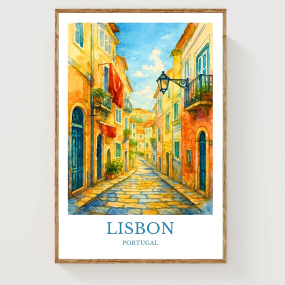 Lisbon Portugal Travel Poster Watercolor Cobblestone Street Old Buildings
