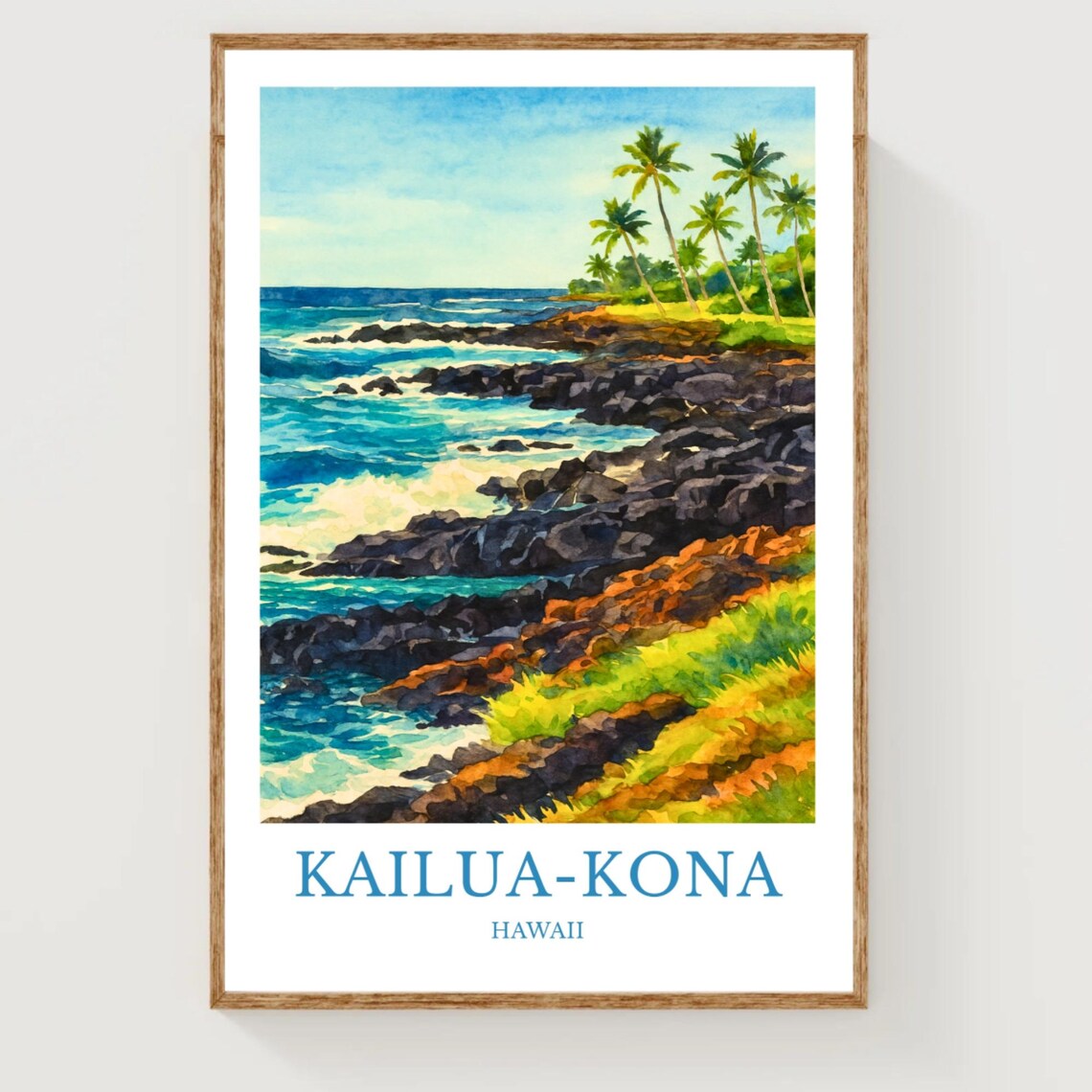Kailua Kona Hawaii Coastline Watercolor Travel Poster Rocky Shore Palm Art