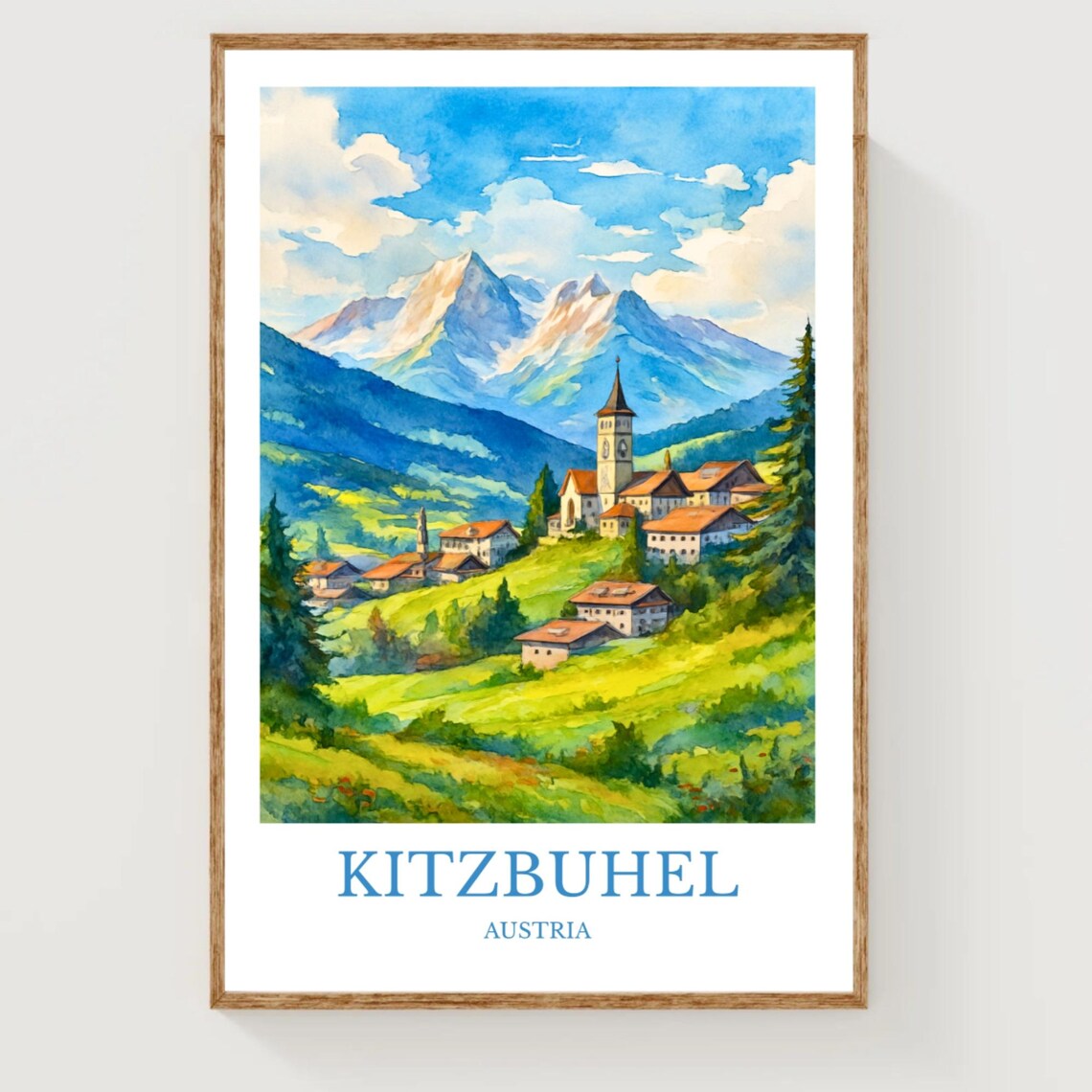 Kitzbuhel Austria Alpine Village Church Watercolor Travel Poster