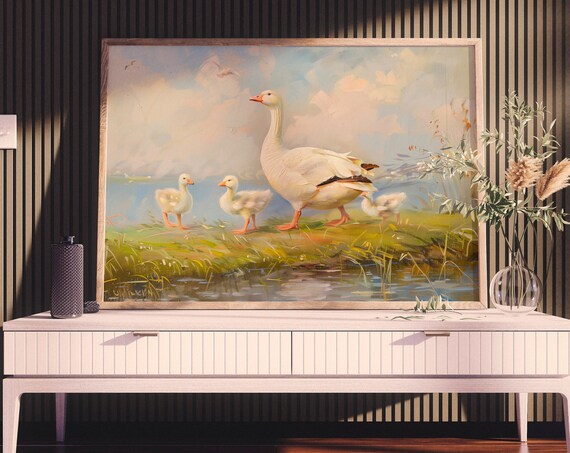 Mother Goose and Goslings Vintage Spring Pond Pastel Oil Painting Poster