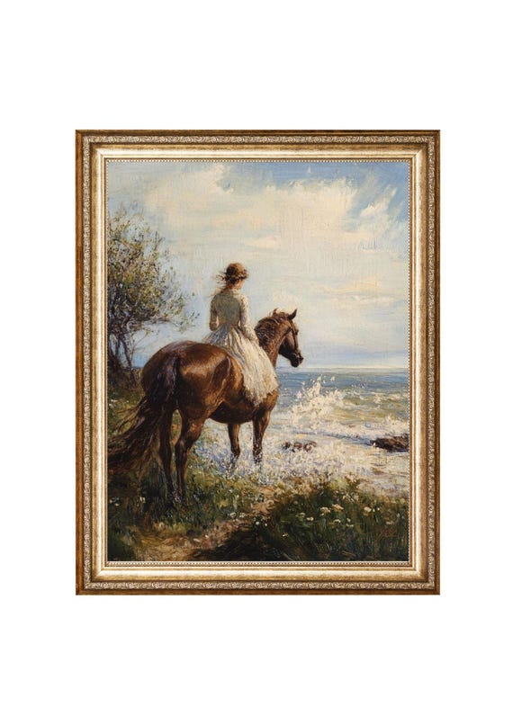 Romantic Seaside Ride, Vintage Cottagecore Art Print