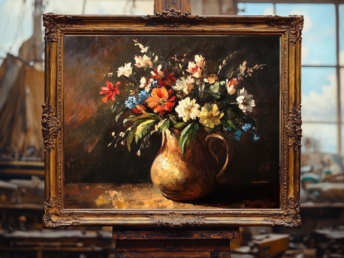 Wildflower Bouquet in Copper Jug Dark Floral Still Life Poster - Image 3