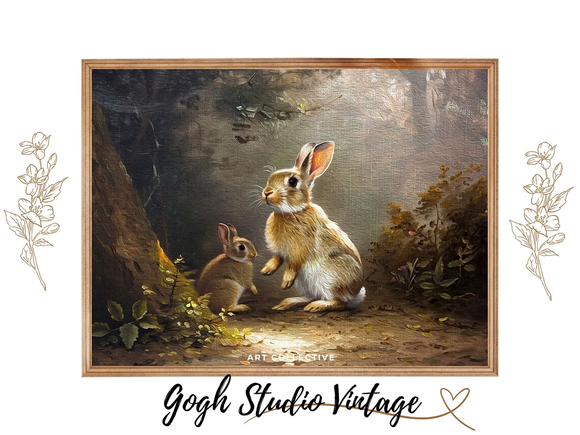 Two Young Rabbits In Sunlit Forest Vintage Animal Painting Poster - Image 3
