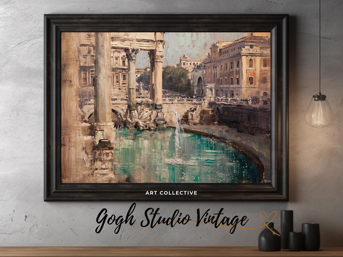 Trevi Fountain Art Rome Italy Italian City Art Giclee Print Vintage Art Antique Oil Painting Giclee Rustic Apartment And Home Decor - Image 3