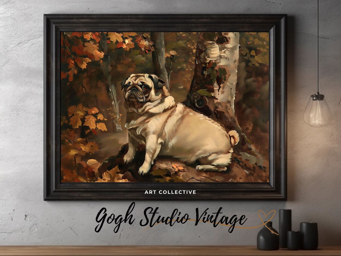 Pug in the Woods, Dog Portrait Oil Painting Art Print - Image 2