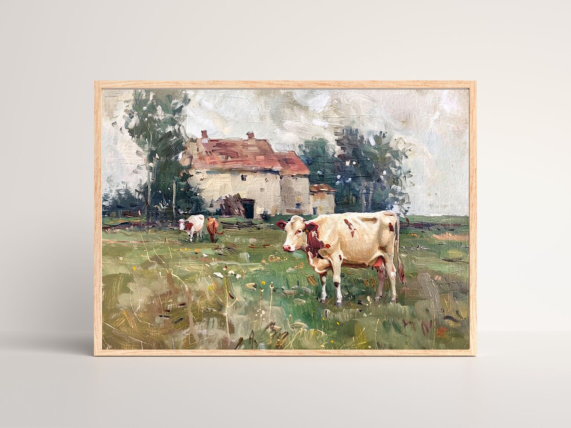 Country Cottage With Cows, Vintage Oil Painting Art Print - Image 2