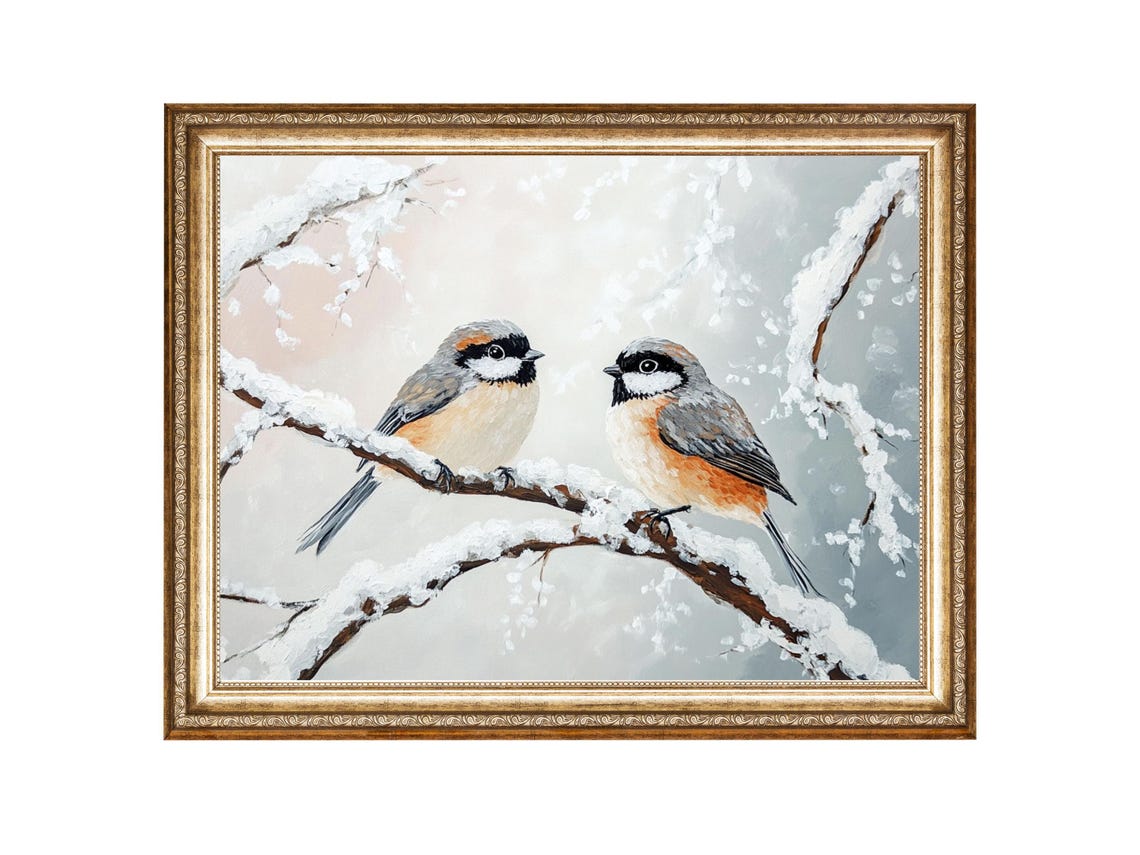 Winter Birds Art Winter Scene Print Country Home Decor Oil Painting Cottage Core Art Best Gifts Vintage Painting Prints