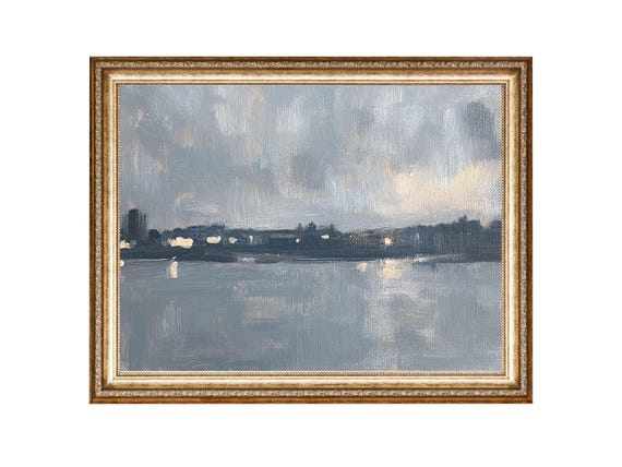 Urban Art Night Lights Minimalist River Oil Painting Vintage Style Prints Cottage Core Art Art Downloads