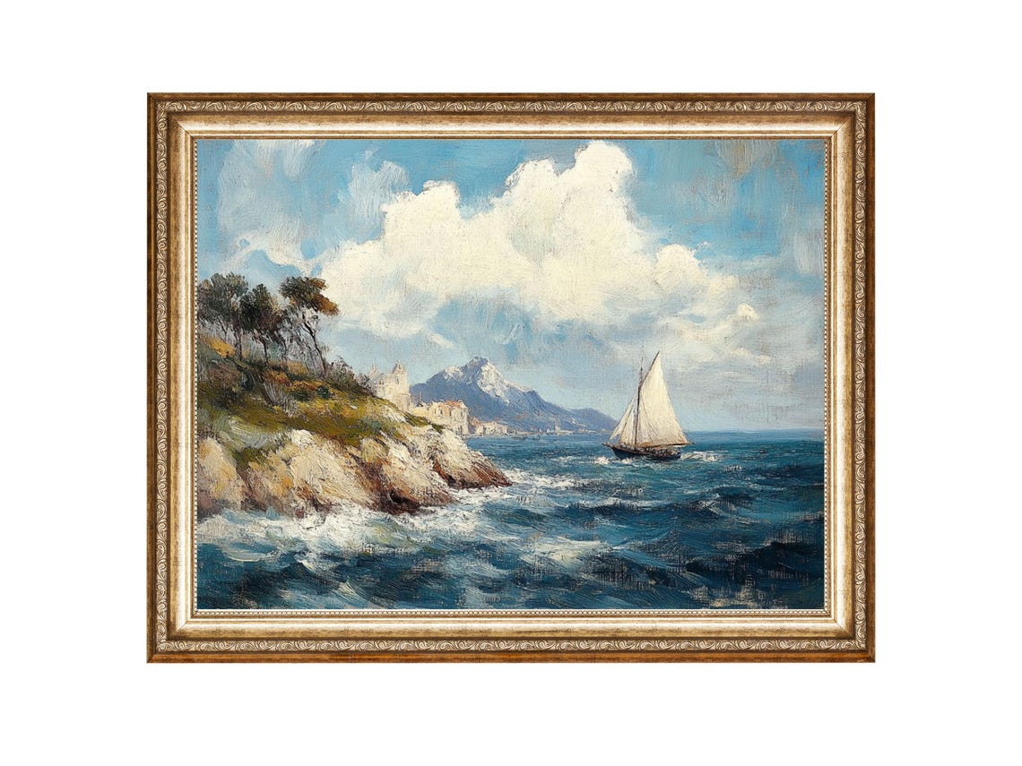 Sailing Boat Coastal Seascape, Vintage Nautical Art Print