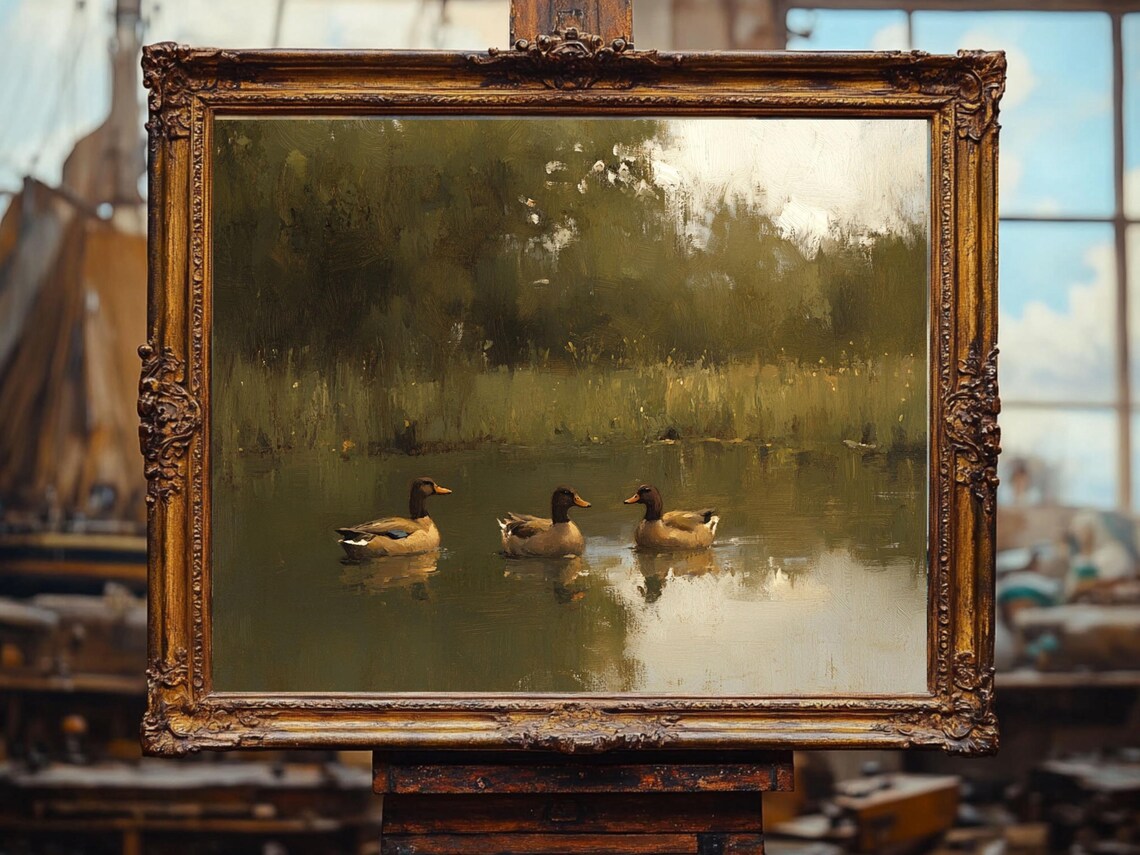 Ducks On Pond Painting, Cottage Core Vintage - Image 3
