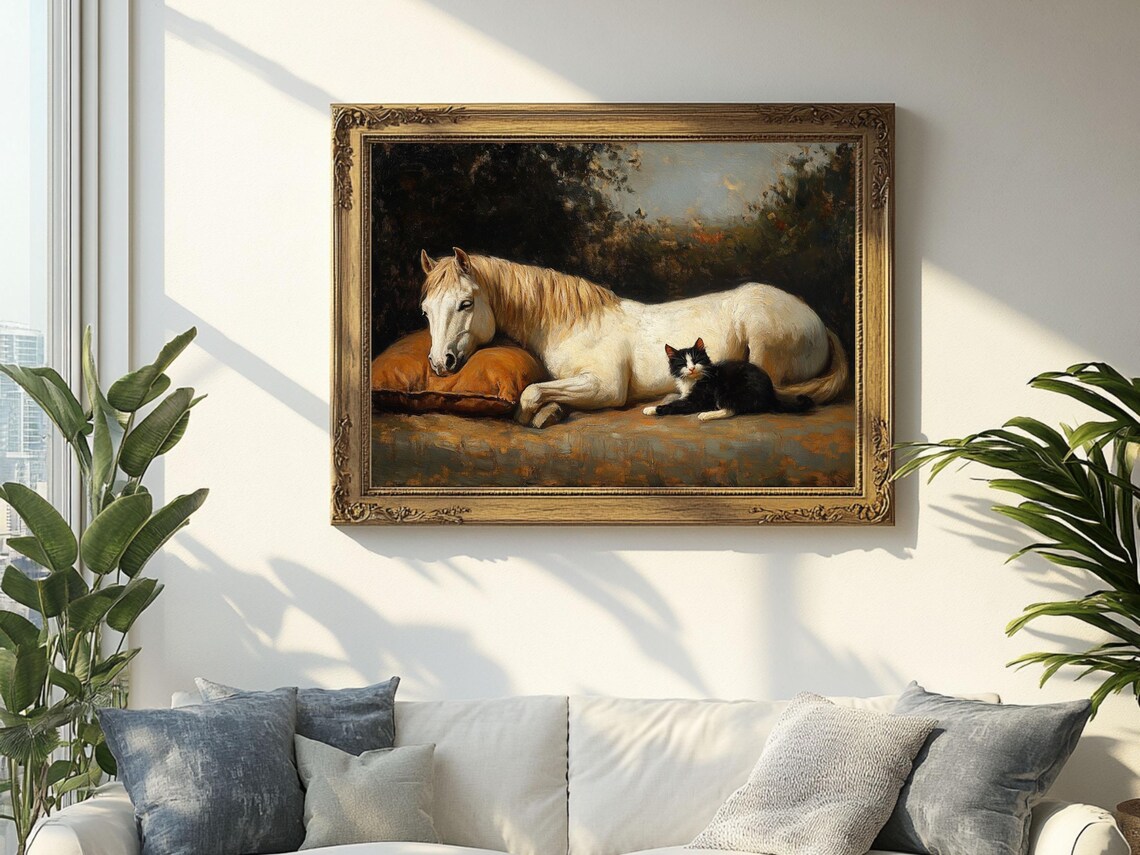 White Horse Resting with Black Cat Sweet Animal Friendship Poster - Image 2