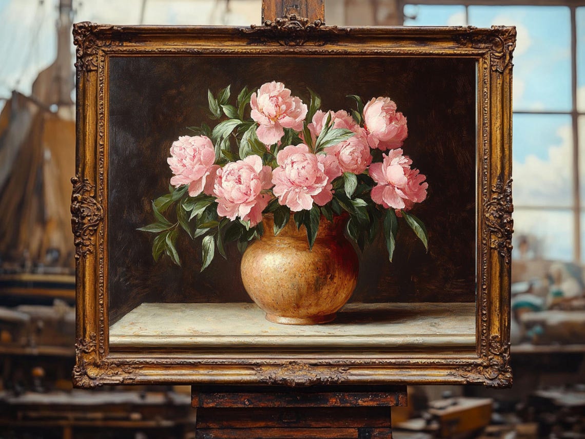 Peony Painting Flowers In Vase Vintage Floral Art Cottage Core Art Best Gifts Vintage Painting Wall Art Prints - Image 2