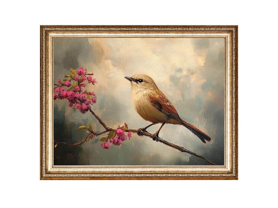 Bird On Branch With Pink Flowers Nature Print Oil Painting Cottage Core Art Best Gifts Vintage Painting Wall Art Prints