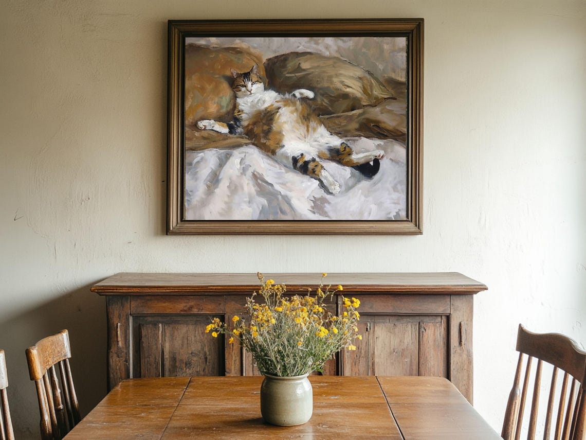 Lazy Cat Painting Cozy Vintage Pet Portrait Wall Art Oil Painting Cottage Core Art Vintage Painting Wall Art Prints - Image 2