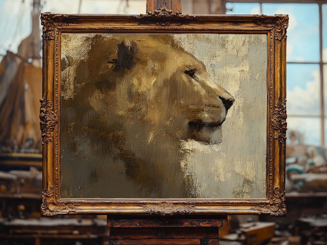Vintage Abstract Lion Wildlife Oil Painting Art Print - Image 3