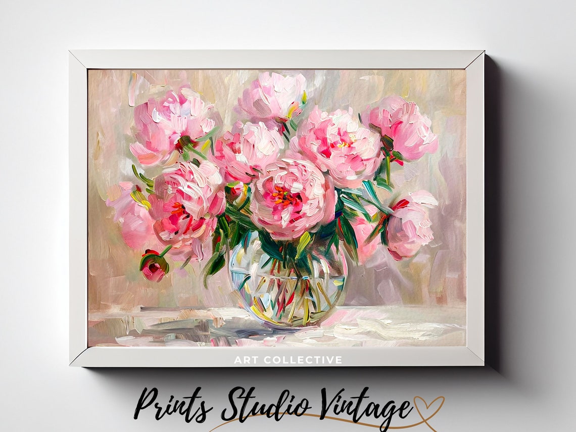 Fresh Pink Peonies Of Glass Vase Bouquet Peony Painting Peony Painting Flower Wall Art Oil Painting Wall Art - Image 2
