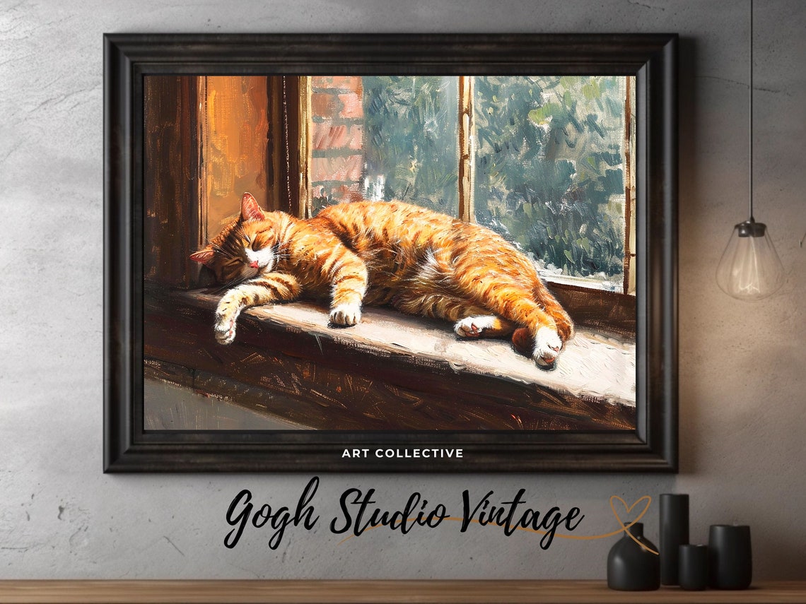 Funny Cat Oil-Painting Cat Sleeps On The Windowsill Print - Image 2