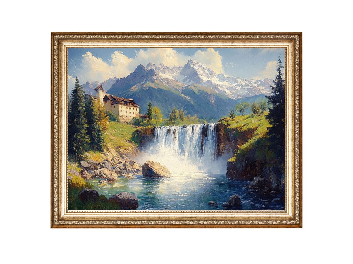 Mountain Waterfall Landscape Rustic Cabin Nature Wall Decor Vintage Oil Painting Cottagecore Wall Art Wall Art Prints