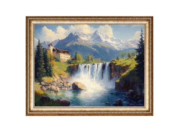 Mountain Waterfall Landscape Rustic Cabin Nature Wall Decor Vintage Oil Painting Cottagecore Wall Art Wall Art Prints