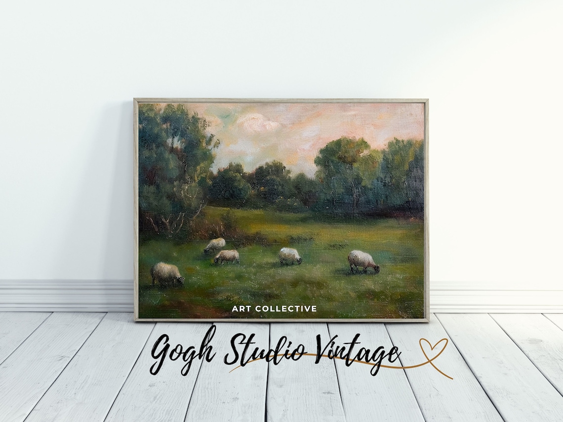 Sheep Grazing on a Ridge Meadow, Vintage Antique Art Print - Image 2