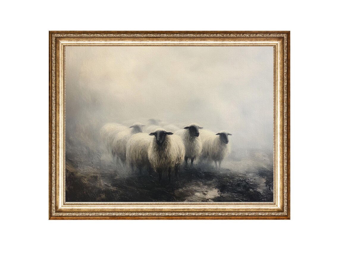 Sheep in Foggy Countryside, Cottagecore Art Print