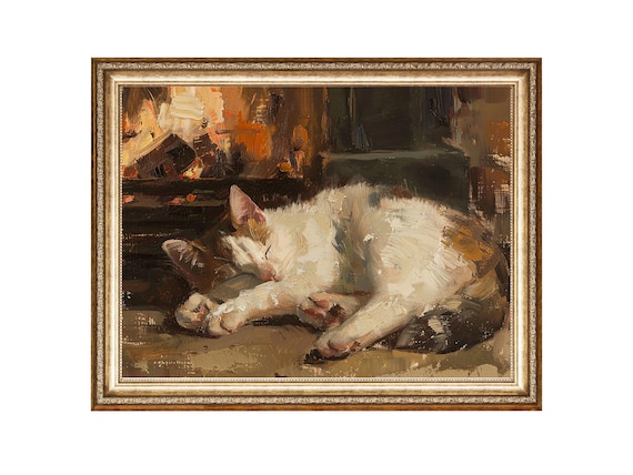 Sleeping White Cat Curled Up Cozy Vintage Animal Portrait Poster