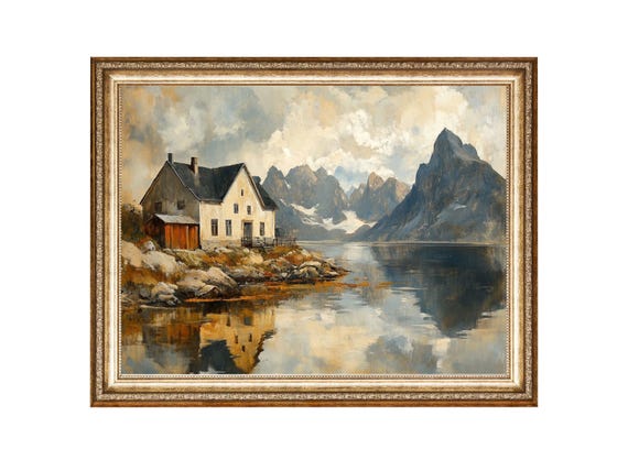 Mountain Cabin Art Rocky Mountain Art Oil Painting Cottage Core Art Vintage Painting Prints