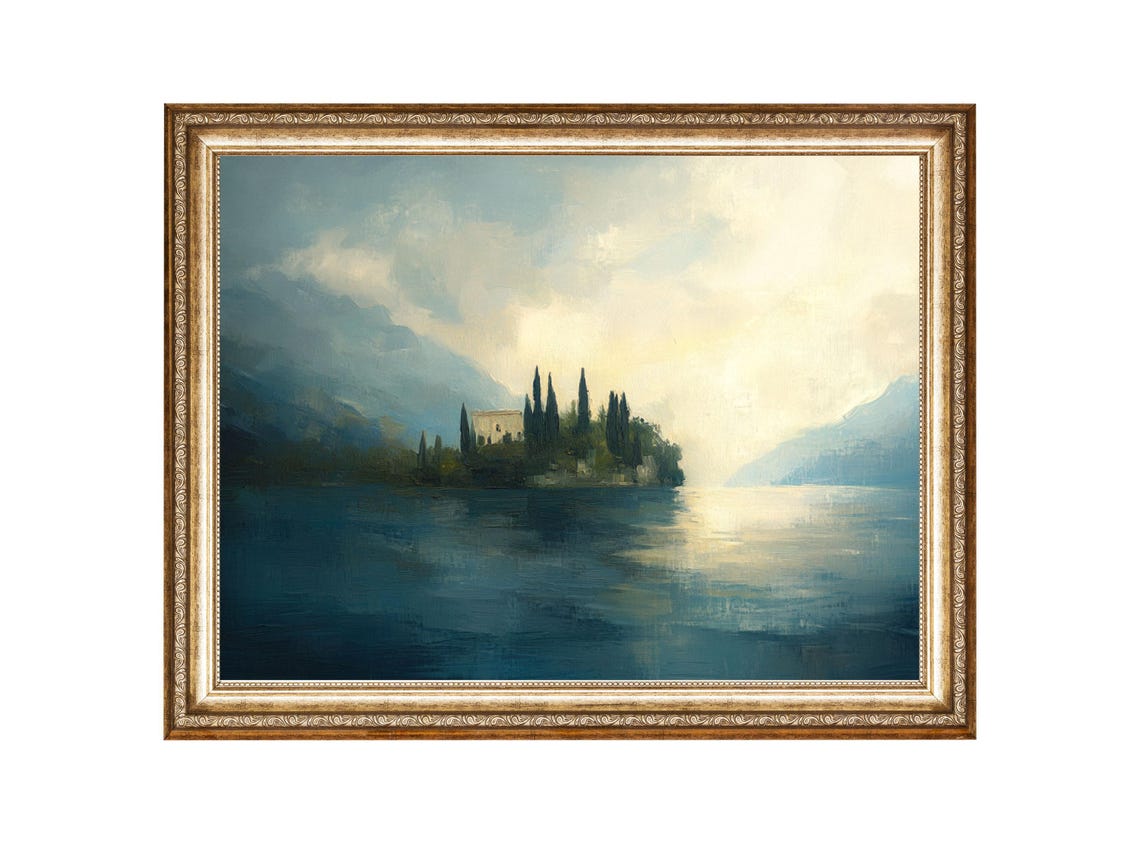 Lake Of Garda Misty Mountains Italian Landscape Lakeside View Oil Painting Cottage Core Art Vintage Painting Prints