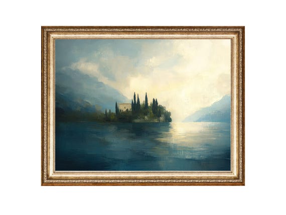 Lake Of Garda Misty Mountains Italian Landscape Lakeside View Oil Painting Cottage Core Art Vintage Painting Prints