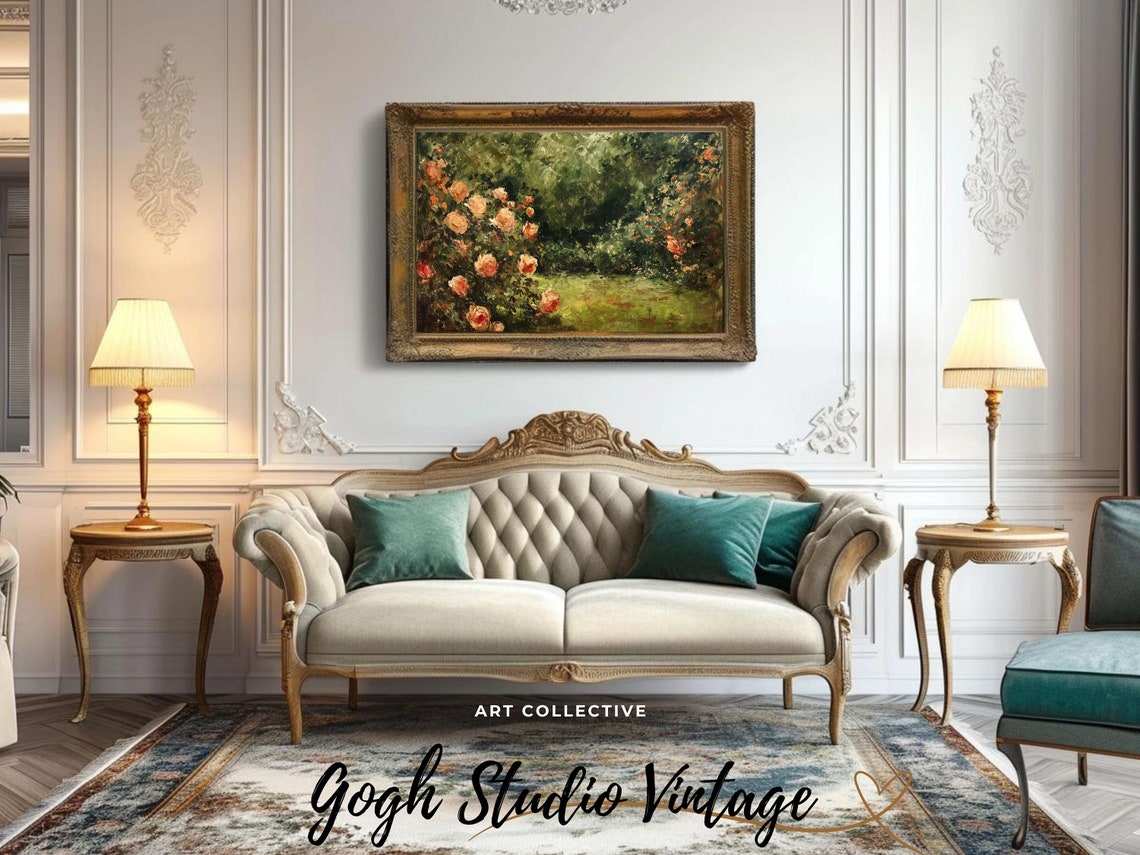Vintage Rose Garden Oil Painting Art Print, Pink Roses - Image 3