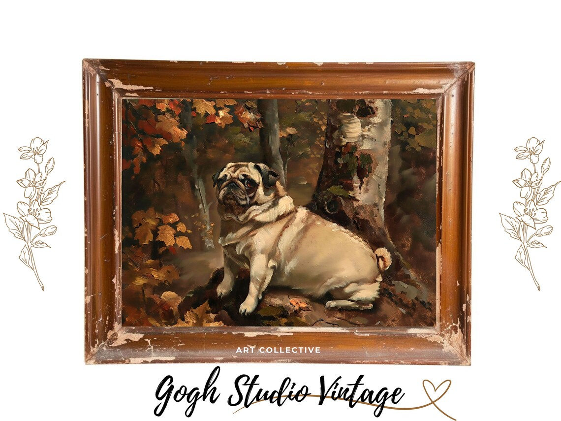 Pug in the Woods, Dog Portrait Oil Painting Art Print - Image 3