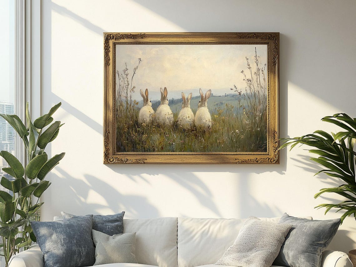 Four Rabbits in Meadow, Vintage Oil Painting Art Print - Image 2