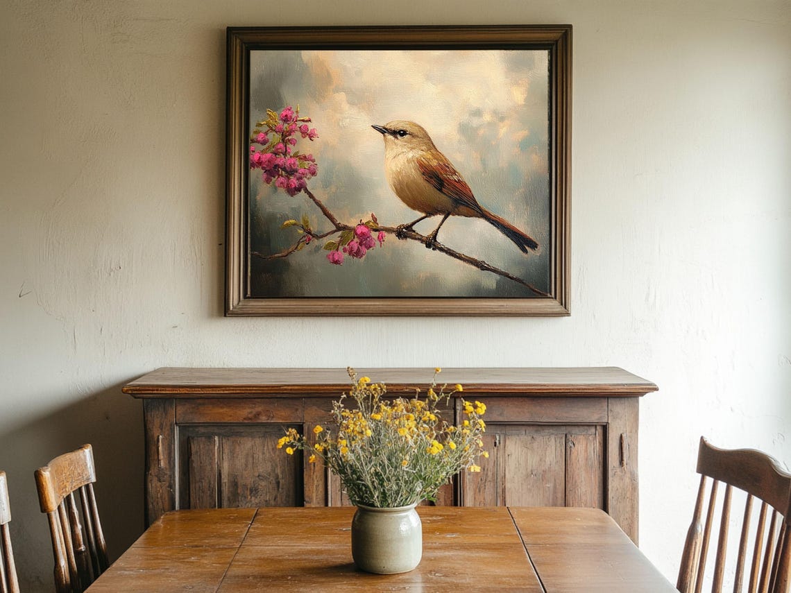 Bird On Branch With Pink Flowers Nature Print Oil Painting Cottage Core Art Best Gifts Vintage Painting Wall Art Prints - Image 2
