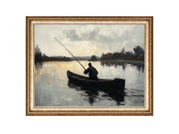 Vintage Fisherman Painting Rustic Lake Wall Art Oil Painting Cottage Core Art Best Gifts Vintage Painting Art Prints
