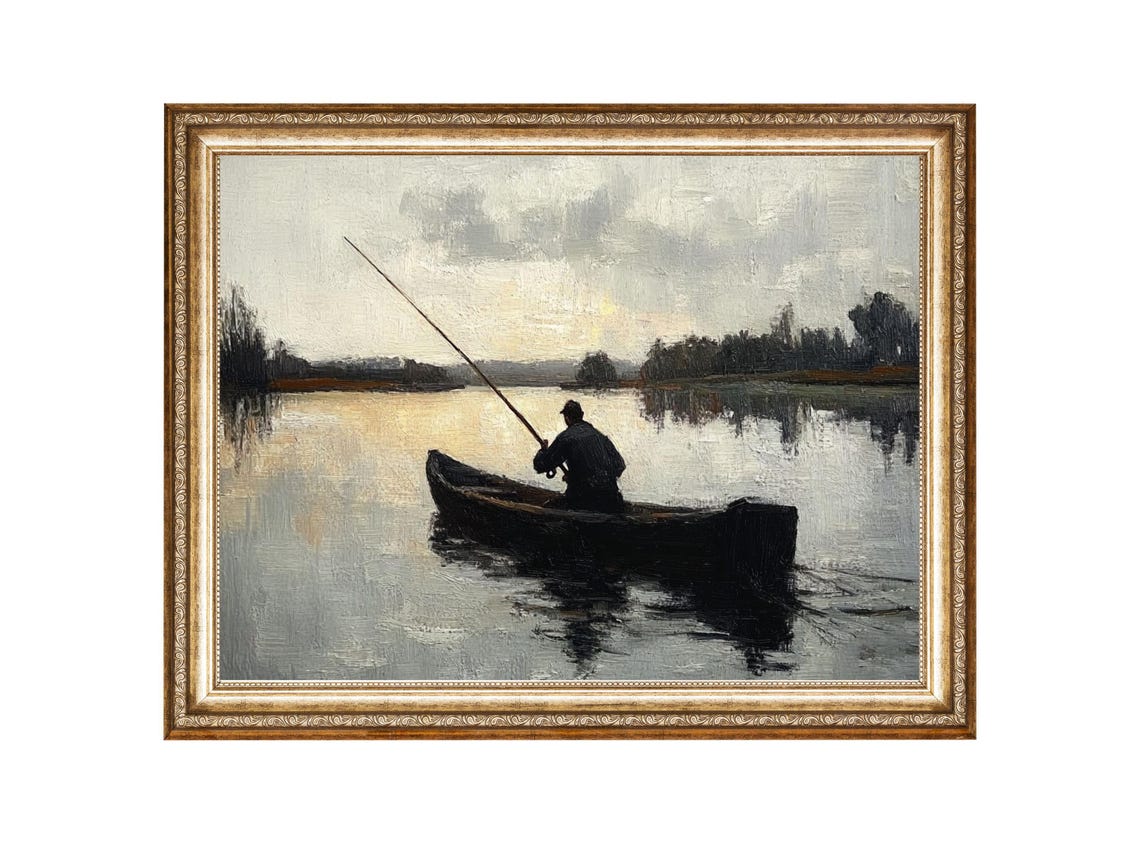 Vintage Fisherman Painting Rustic Lake Wall Art Oil Painting Cottage Core Art Best Gifts Vintage Painting Art Prints
