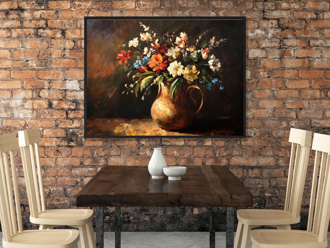 Wildflower Bouquet in Copper Jug Dark Floral Still Life Poster - Image 2