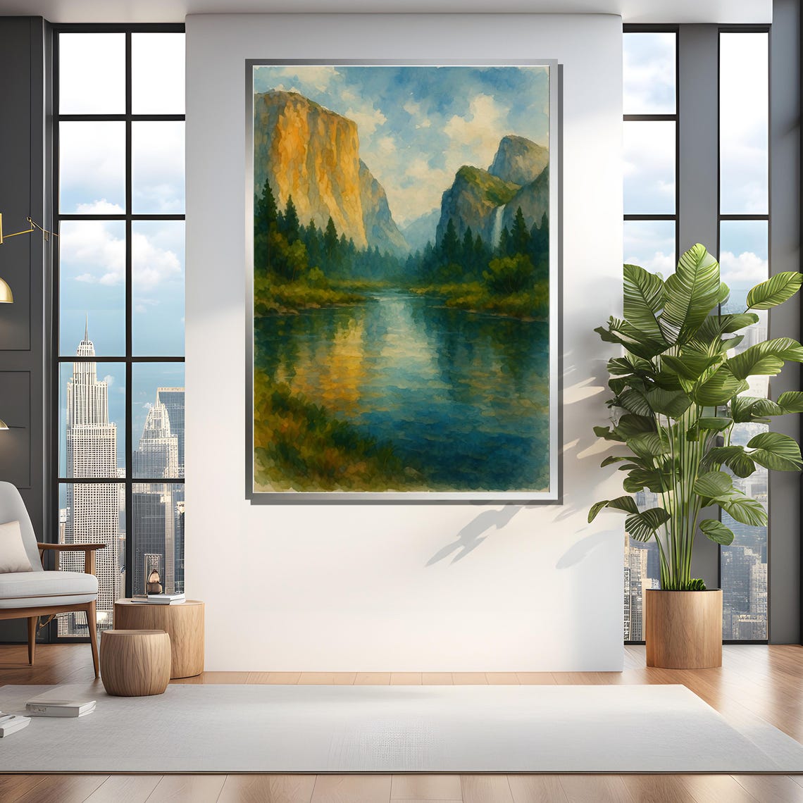 Majestic Mountain River Landscape Painting Framed Black White Gold Silver Gallery Wrapped Or Rolled Art Print Serene Decor - Image 4