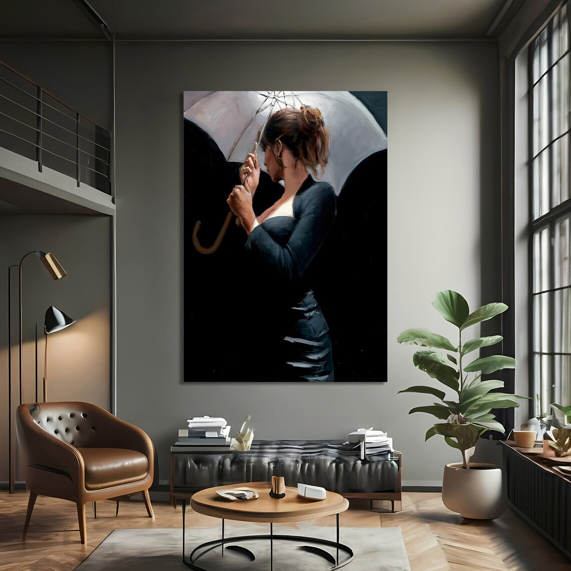 Elegant Woman in Black Dress Holding Umbrella, Modern Art Print - Image 4