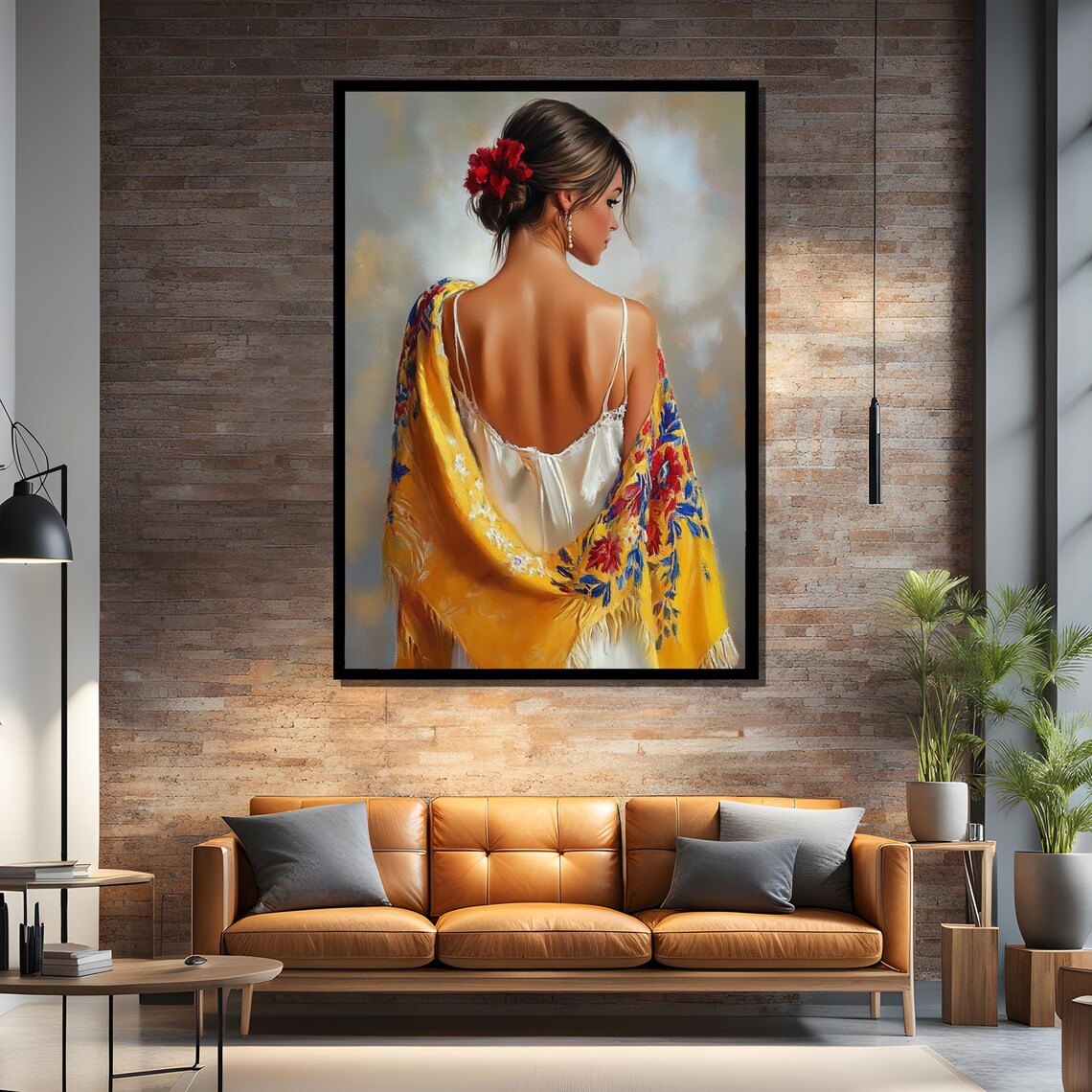 Woman With Yellow Floral Shawl, Elegant Ethnic Decor - Image 4