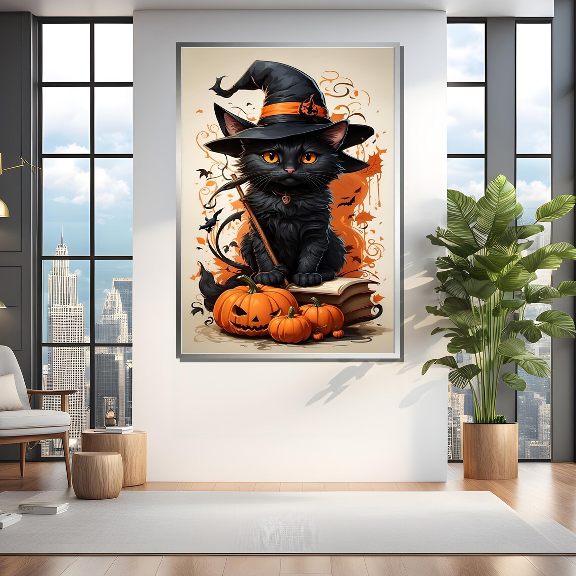 Black Witch Cat With Pumpkins Cute Halloween Spooky Animal Poster - Image 4
