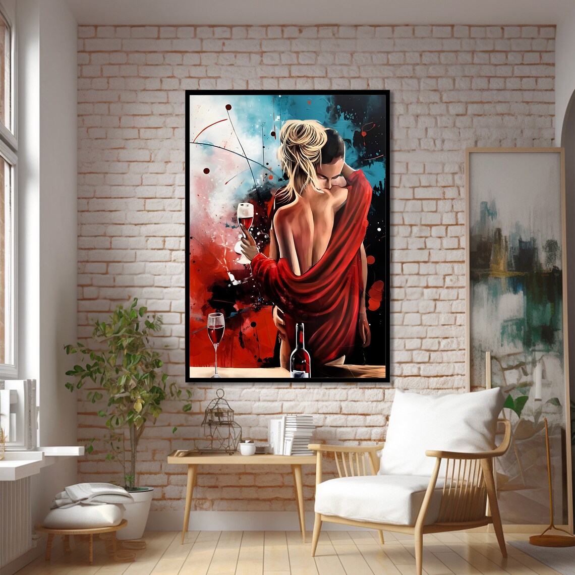 Passionate Red Embrace Lovers and Wine Art Print - Image 2