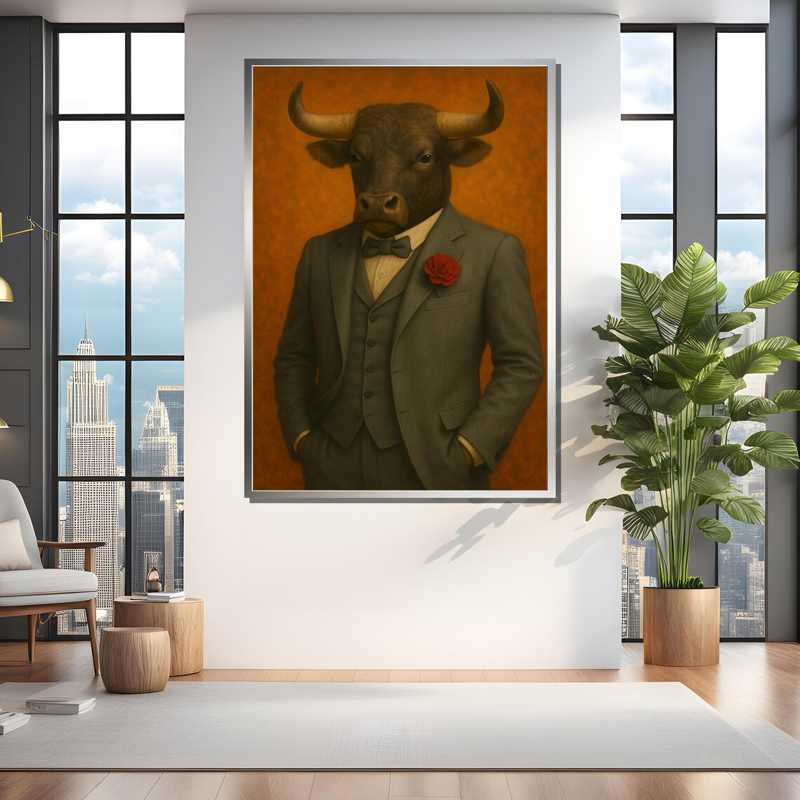 Elegant Bull In Tuxedo With Red Rose Art Print - Image 4