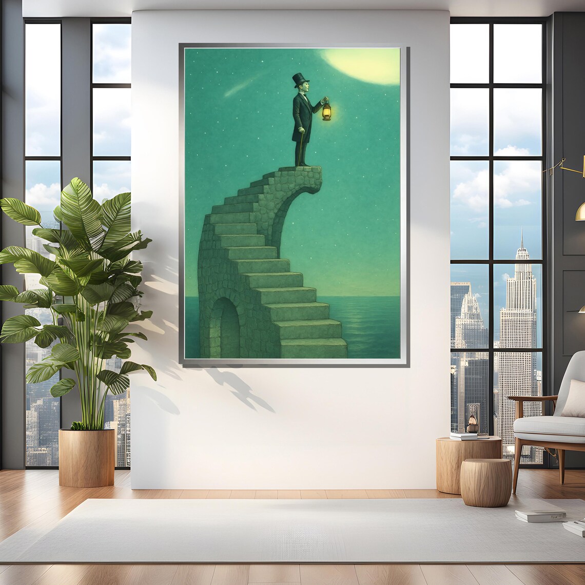 Gentleman with Lantern on Surreal Stairway to the Moon Poster - Image 4