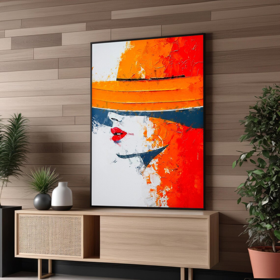 Bold Abstract Woman Orange Hat Red Lips Portrait Painting Poster - Image 5